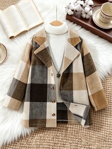 SHEIN Boys (Small) Wool Plaid Coat, Warm And Comfortable, Suitable For 5-15°C Autumn Winter - Brown - View 2