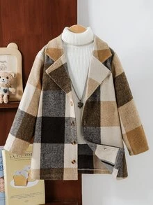 SHEIN Boys (Small) Wool Plaid Coat, Warm And Comfortable, Suitable For 5-15°C Autumn Winter - Brown - View 7