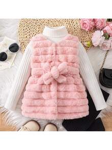 Baby Girl Solid Color Sleeveless Fleece Jacket And High Neck Long Sleeve T-Shirt With Pants Set - Pink - View 1