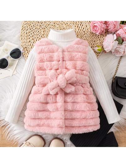 Baby Girl Solid Color Sleeveless Fleece Jacket And High Neck Long Sleeve T-Shirt With Pants Set
