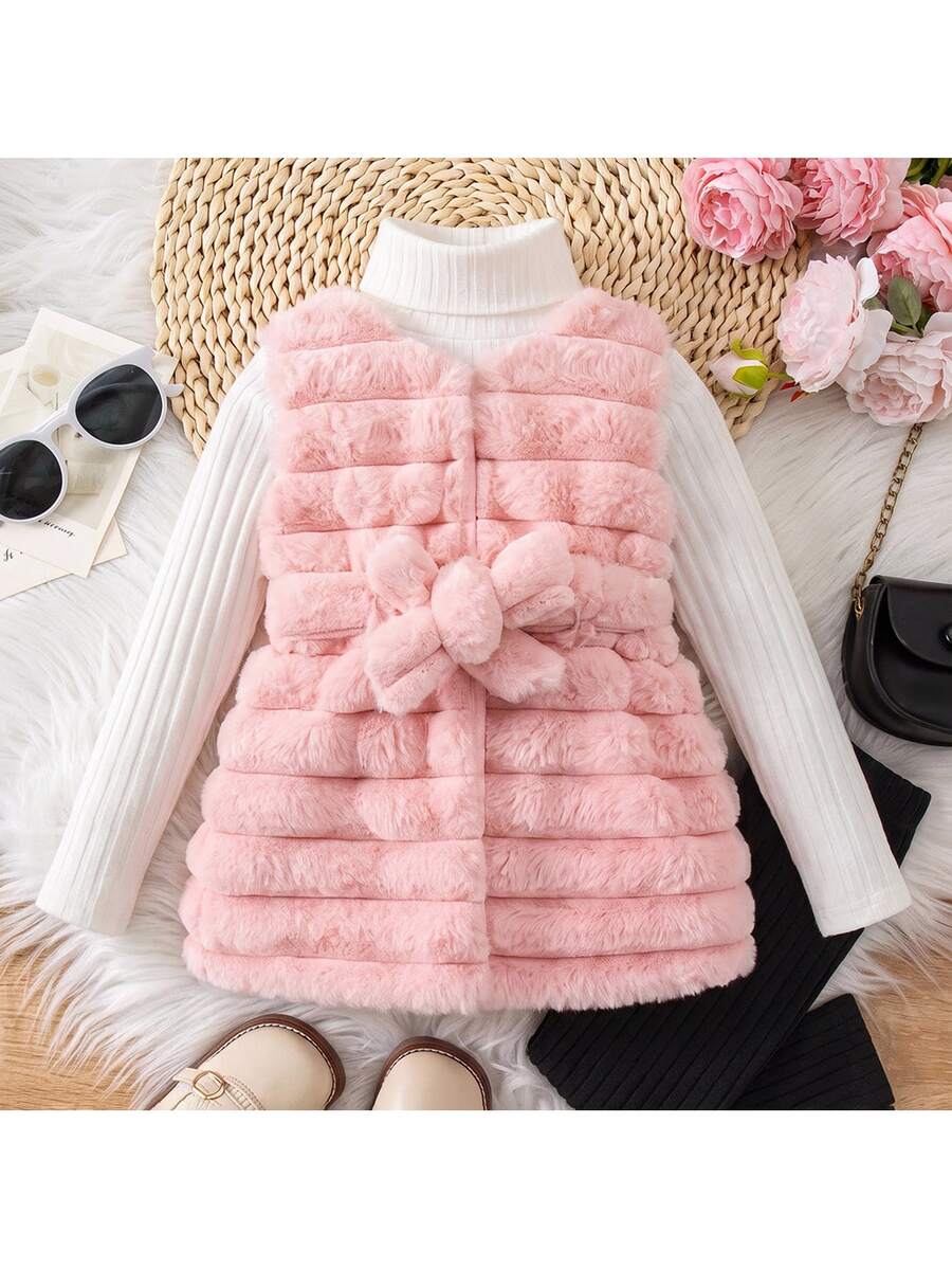 Baby Girl Solid Color Sleeveless Fleece Jacket And High Neck Long Sleeve T-Shirt With Pants Set - Pink - View 1