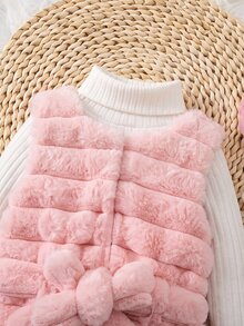Baby Girl Solid Color Sleeveless Fleece Jacket And High Neck Long Sleeve T-Shirt With Pants Set - Pink - View 4