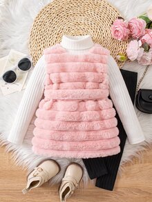 Baby Girl Solid Color Sleeveless Fleece Jacket And High Neck Long Sleeve T-Shirt With Pants Set - Pink - View 2