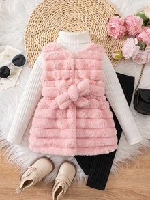 Baby Girl Solid Color Sleeveless Fleece Jacket And High Neck Long Sleeve T-Shirt With Pants Set - Pink - View 7
