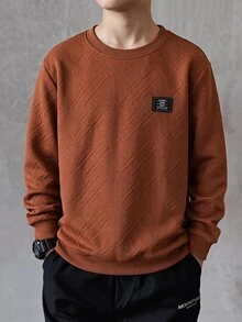 SHEIN 青少年男孩幾何圖案布料休閒長袖圓領衛衣，柔軟舒適材質，百搭版型，適合街頭風、日常休閒外出，春秋日常穿著 - 棕色 - 查看 4