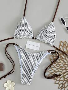 Bonvoyette Swim Vcay 新款奢華優雅兩件式白色鉤編蕾絲與焦糖/棕色三角比基尼套裝女款，掛脖泳衣上衣配木珠飾飾，性感高衩俏皮丁字褲泳裝/泳衣，適合夏季海灘泳池度假，復古Y2K辣妹風泳衣，音樂節、熱帶海濱早午餐出遊、海島度假&時尚氛圍 - 棕色 - 查看 2