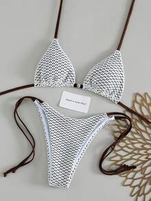 Bonvoyette Swim Vcay 新款奢華優雅兩件式白色鉤編蕾絲與焦糖/棕色三角比基尼套裝女款，掛脖泳衣上衣配木珠飾飾，性感高衩俏皮丁字褲泳裝/泳衣，適合夏季海灘泳池度假，復古Y2K辣妹風泳衣，音樂節、熱帶海濱早午餐出遊、海島度假&時尚氛圍 - 棕色 - 查看 4