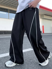 SHEIN 青少年男孩休閒百搭寬鬆條紋拼接牛仔褲 - 黑色 - 查看 6