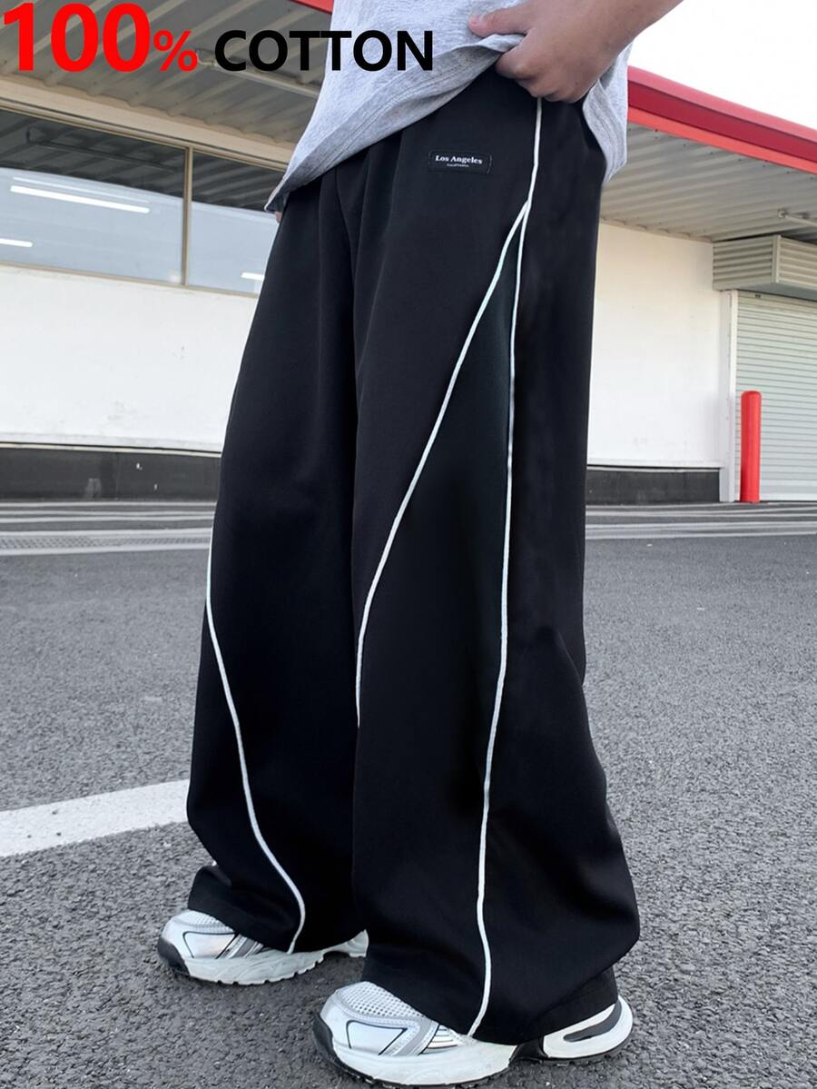 SHEIN 青少年男孩休閒百搭寬鬆條紋拼接牛仔褲 - 黑色 - 查看 1
