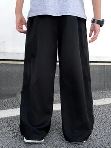 SHEIN 青少年男孩休閒百搭寬鬆條紋拼接牛仔褲 - 黑色 - 查看 2