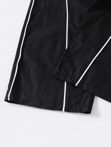SHEIN 青少年男孩休閒百搭寬鬆條紋拼接牛仔褲 - 黑色 - 查看 5