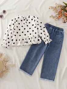 SHEIN Playful Pals 女童 2 件套波點蝴蝶結腰部荷葉邊長袖上衣與直筒牛仔中長褲，黑白藍色，適合學校、派對、秋季 - 白色 - 查看 3