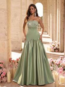 Glamrae Elegant Floral Luxury Army Green Sparkling Lace Applique Satin Umbrella Hem Dress, Suitable For Weddings, Parties, Vacations, Balls And All Occasions Women's Formal Evening Gown - Army Green - View 2