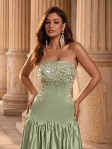 Glamrae Elegant Floral Luxury Army Green Sparkling Lace Applique Satin Umbrella Hem Dress, Suitable For Weddings, Parties, Vacations, Balls And All Occasions Women's Formal Evening Gown - Army Green - View 7