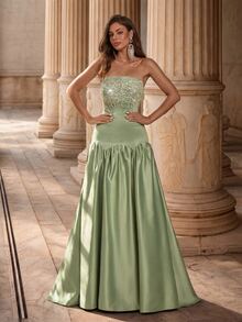 Glamrae Elegant Floral Luxury Army Green Sparkling Lace Applique Satin Umbrella Hem Dress, Suitable For Weddings, Parties, Vacations, Balls And All Occasions Women's Formal Evening Gown - Army Green - View 8