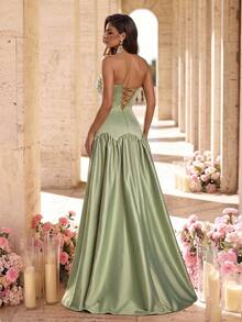 Glamrae Elegant Floral Luxury Army Green Sparkling Lace Applique Satin Umbrella Hem Dress, Suitable For Weddings, Parties, Vacations, Balls And All Occasions Women's Formal Evening Gown - Army Green - View 5