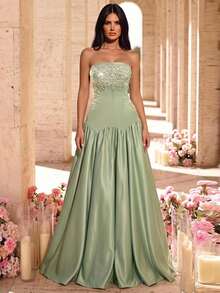 Glamrae Elegant Floral Luxury Army Green Sparkling Lace Applique Satin Umbrella Hem Dress, Suitable For Weddings, Parties, Vacations, Balls And All Occasions Women's Formal Evening Gown - Army Green - View 4