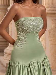 Glamrae Elegant Floral Luxury Army Green Sparkling Lace Applique Satin Umbrella Hem Dress, Suitable For Weddings, Parties, Vacations, Balls And All Occasions Women's Formal Evening Gown - Army Green - View 3