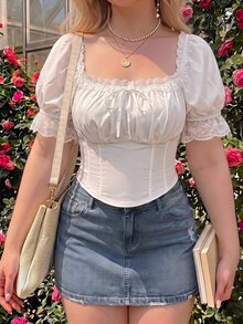 SHEIN MOD 大尺碼女款純白色抓皺胸前泡泡袖束腰上衣 乳女風夏季修身上衣 優雅奢華 適合晚宴、婚禮、度假、派對 - 白色 - 查看 4