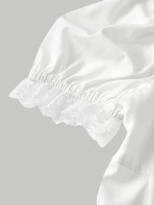 SHEIN MOD 大尺碼女款純白色抓皺胸前泡泡袖束腰上衣 乳女風夏季修身上衣 優雅奢華 適合晚宴、婚禮、度假、派對 - 白色 - 查看 5