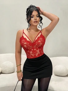 SHEIN SXY 时尚露背蕾丝性感透视连体衣 - 紅色 - 查看 6