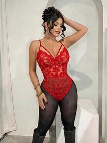 SHEIN SXY 时尚露背蕾丝性感透视连体衣 - 紅色 - 查看 3