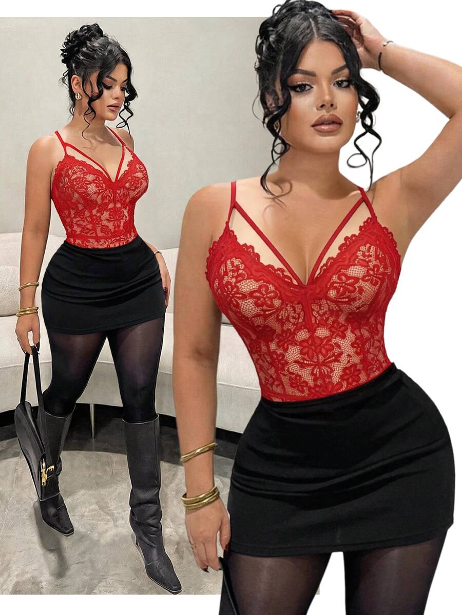 SHEIN SXY 时尚露背蕾丝性感透视连体衣 - 紅色 - 查看 1