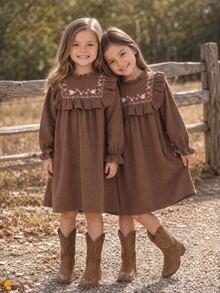Emery Rose Kids Emery Rose Kids Young Girl Woven Solid Color Floral Pattern Ruffle Hem Casual Dress - Coffee Brown - View 5