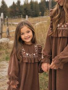 Emery Rose Kids Emery Rose Kids Young Girl Woven Solid Color Floral Pattern Ruffle Hem Casual Dress - Coffee Brown - View 4