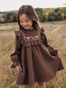 Emery Rose Kids Emery Rose Kids Young Girl Woven Solid Color Floral Pattern Ruffle Hem Casual Dress - Coffee Brown - View 2