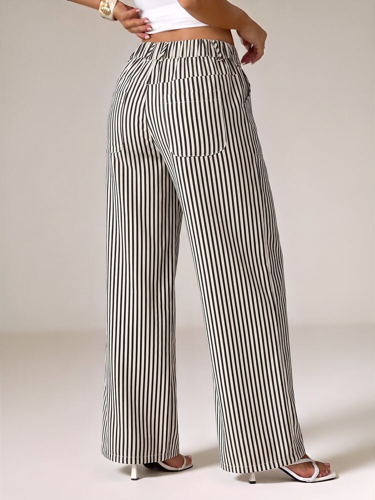 SHEIN PETITE Women's Striped Pocket Wide Leg Loose Casual Long Pants - Black and White - View 4