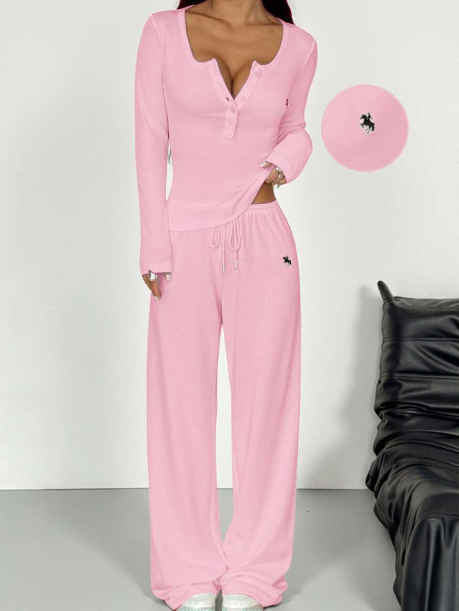 SHEIN EZwear 柔粉色針織女款鈕扣半開襟馬術印花T恤與長褲休閒日常套裝居家服舒適秋季 - 粉色 - 查看 1
