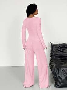 SHEIN EZwear 柔粉色針織女款鈕扣半開襟馬術印花T恤與長褲休閒日常套裝居家服舒適秋季 - 粉色 - 查看 2