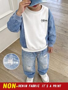小男孩運動衫套裝，藍色與白色圓領長袖運動衫搭配牛仔印花長褲，2件套穿搭，適合秋冬室內外穿著 - 彩色 - 查看 5