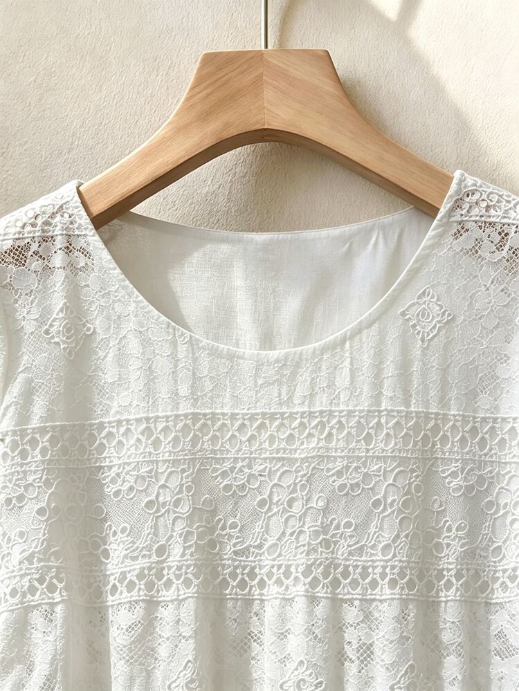 Rusticease Middle-Aged Women Round Neck Casual Daily Summer Travel Dress - White - View 4