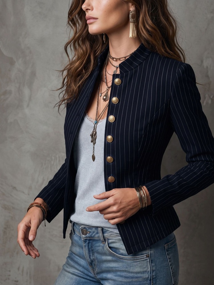 Solivie Women's Fashion Commuter Office Navy Blue Jacket, Works For Women, Autumn For Women Fall Winter Elegant 70s Retro - Navy Blue - View 8