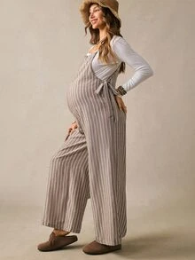 Boho Mama Maternity Fashion Casual Striped Tie Strap Jumpsuit - Green - View 2
