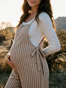 Boho Mama Maternity Fashion Casual Striped Tie Strap Jumpsuit - Green - View 1