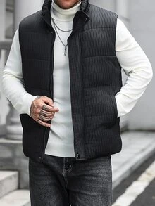 Manfinity CasualCool 男士 3D 絎縫填充背心，立領設計配壓扣，無袖輕量保暖外套，寬鬆版型百搭黑色，適合秋冬層疊穿搭，羽絨背心 - 黑色 - 查看 3
