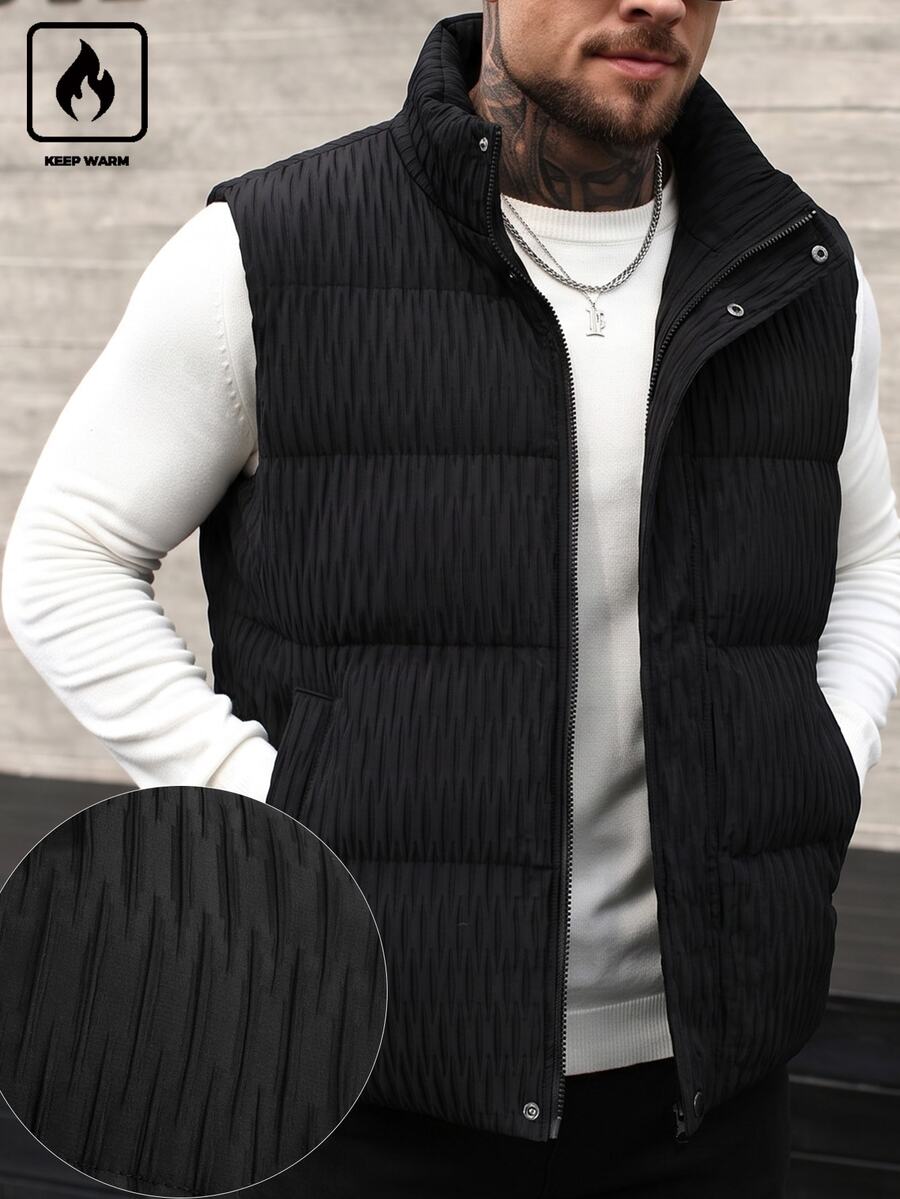Manfinity CasualCool 男士 3D 絎縫填充背心,立領設計配壓扣,無袖輕量保暖外套,寬鬆版型百搭黑色,適合秋冬層疊穿搭,羽絨背心 - 黑色 - 查看 1