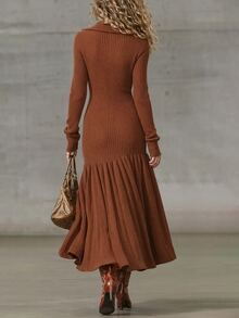 LUMIGAL Women's Solid Color Pleated Casual Party Knit Dress - Coffee Brown - View 2