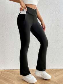 SHEIN PETITE Solid Phone Pocket Flare Leg Pants ,Petite Women - Black - View 1