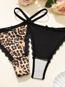 Bare Chapter 5pcs/Pack Women's Lace Patchwork Bow Tie Leopard Print Thong Panties - Multicolor - View 5