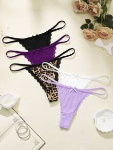 Bare Chapter 5pcs/Pack Women's Lace Patchwork Bow Tie Leopard Print Thong Panties - Multicolor - View 3