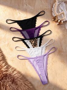 Bare Chapter 5pcs/Pack Women's Lace Patchwork Bow Tie Leopard Print Thong Panties - Multicolor - View 2