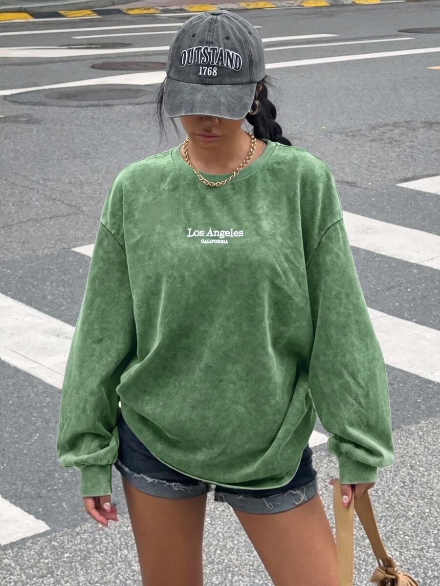 Muchica 女款街頭時尚休閒刺繡圓領長袖衛衣,深綠色,適合城市度假、外出與夜生活,秋季穿搭 - 綠色 - 查看 1