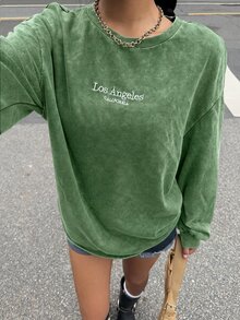 Muchica 女款街頭時尚休閒刺繡圓領長袖衛衣，深綠色，適合城市度假、外出與夜生活，秋季穿搭 - 綠色 - 查看 5