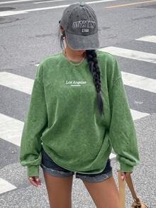 Muchica 女款街頭時尚休閒刺繡圓領長袖衛衣，深綠色，適合城市度假、外出與夜生活，秋季穿搭 - 綠色 - 查看 3