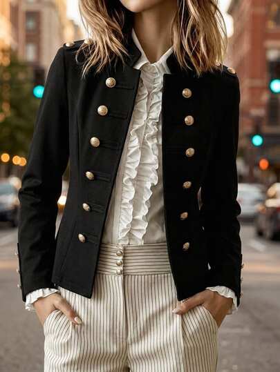 SHEIN Clasi Women's Autumn/Winter New Elegant Open Front Black Slimming Jacket Autumn Clothe Empire Style Beige Napoleon / Military Jacket
