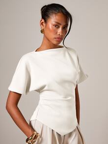 COSMINA Women's Elegant Ruched Round Neck T-Shirt, Suitable For All Seasons - White - View 4